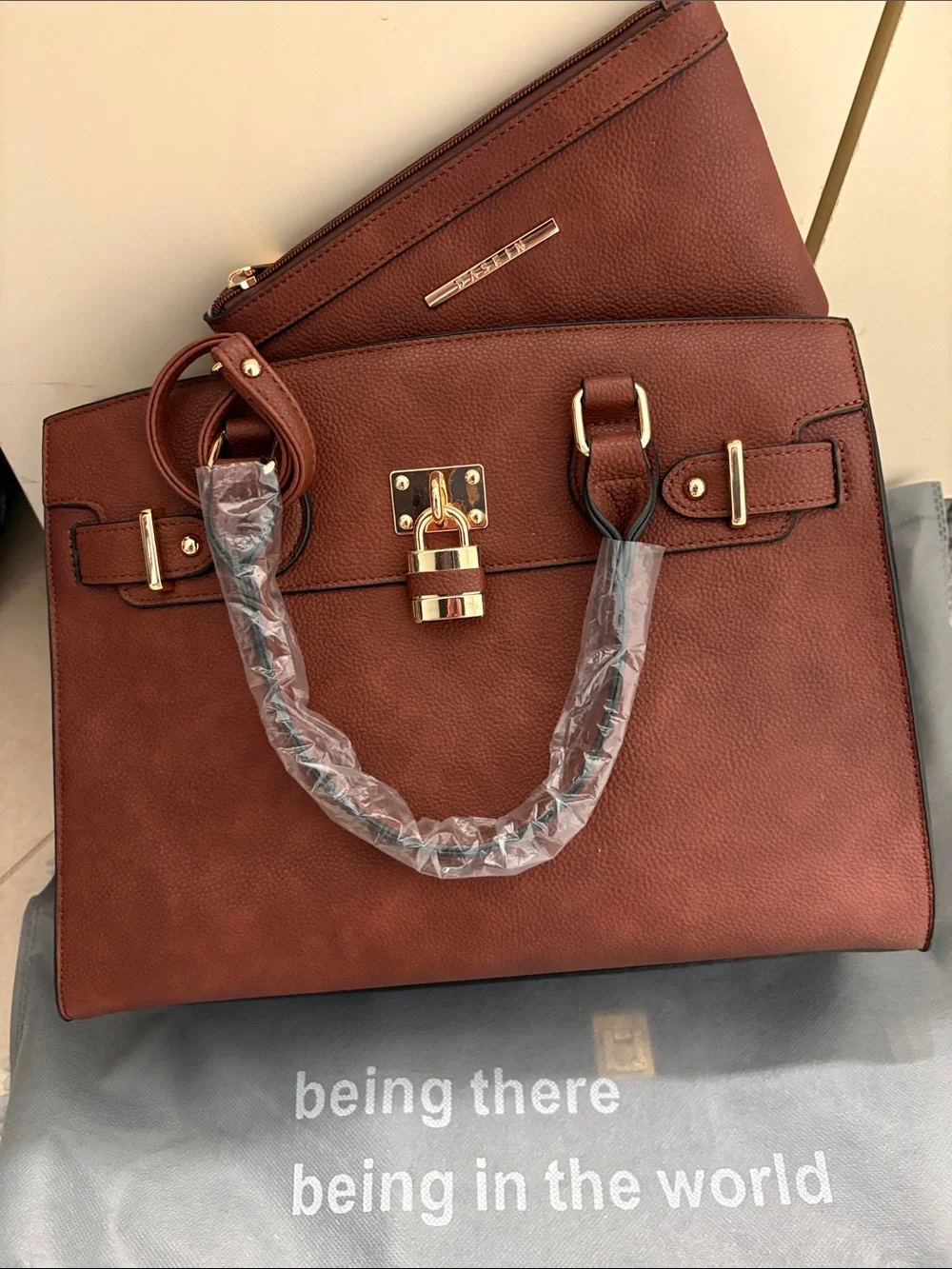 Classic Structured Satchel in Brown with Gold Accents